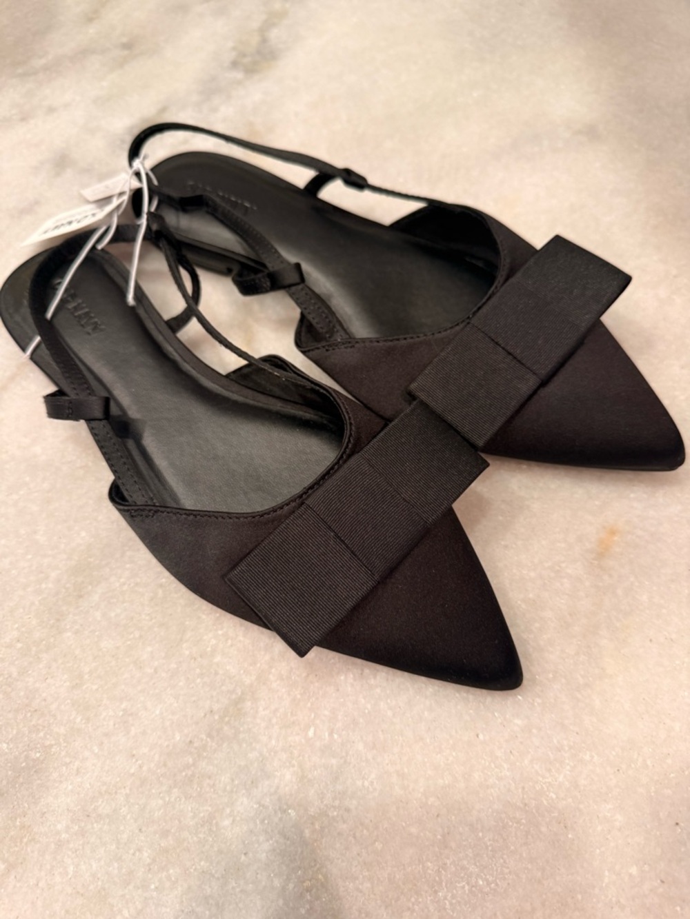 Satin sling back pointed toe with bow